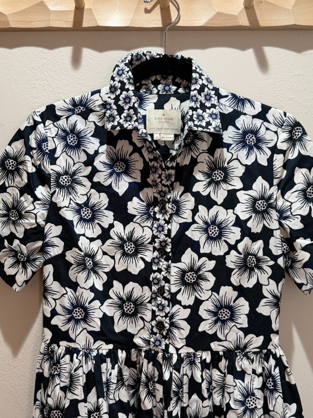Kate Spade Hollyhock Floral Stretch Cotton A-Line Shirtdress Navy White